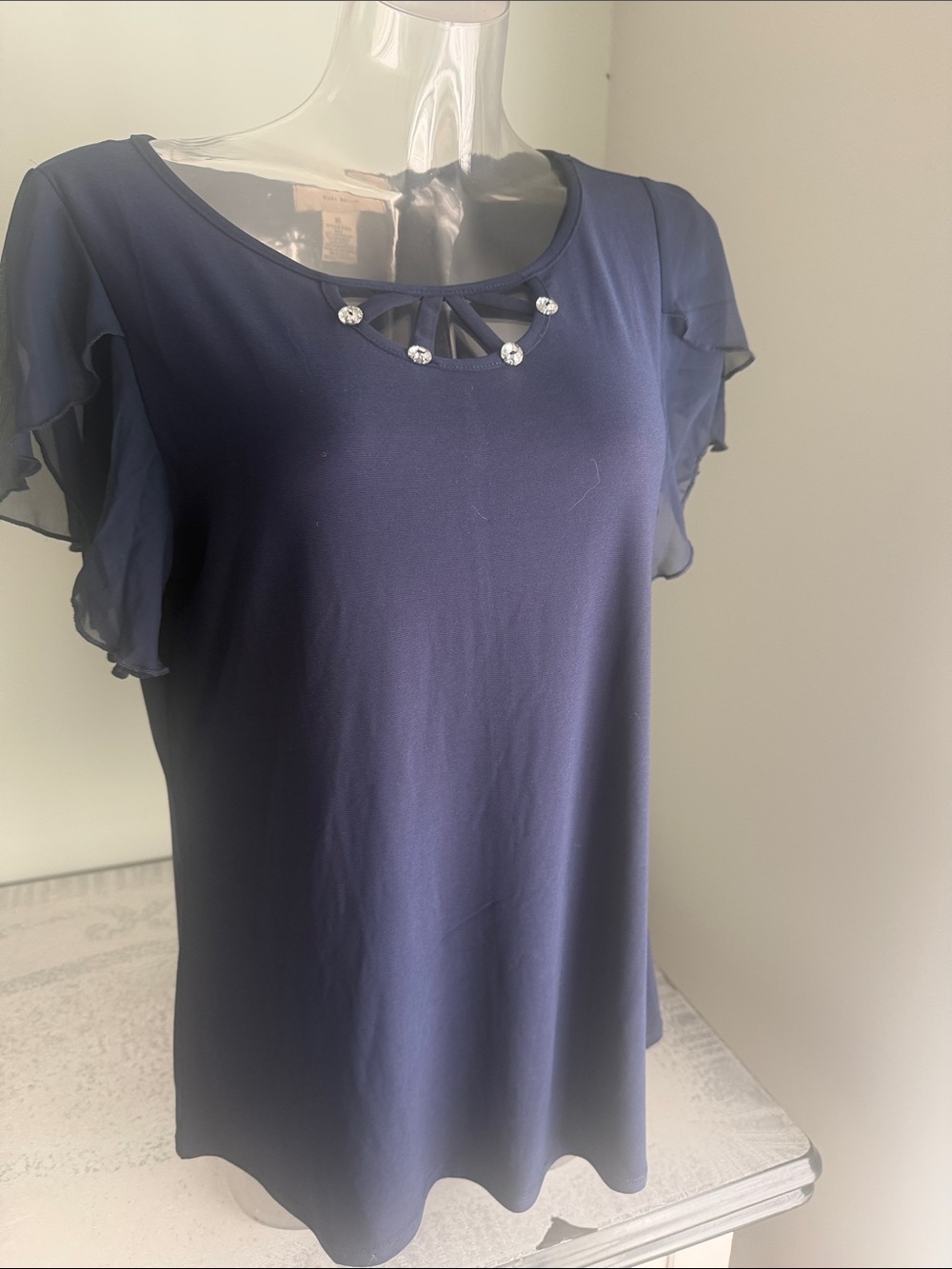 Women's Navy Short-Sleeve Blouse withcrystal bead Trim